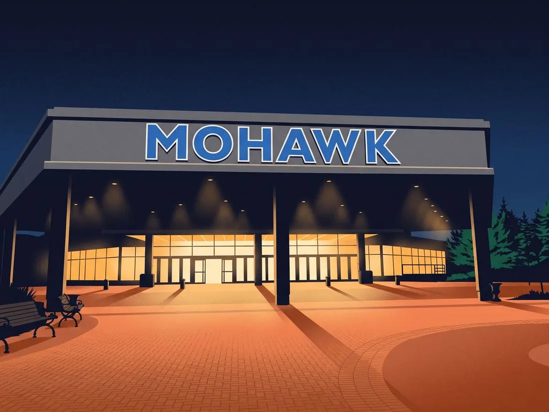 MOHAWK entrance canopy at Woodbine Mohawk Park at dusk