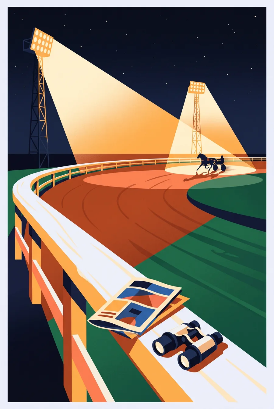 Race programme and binoculars on a floodlit track rail