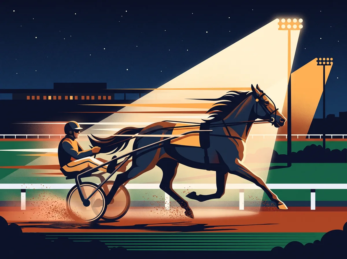 Harness horse and sulky racing under floodlights