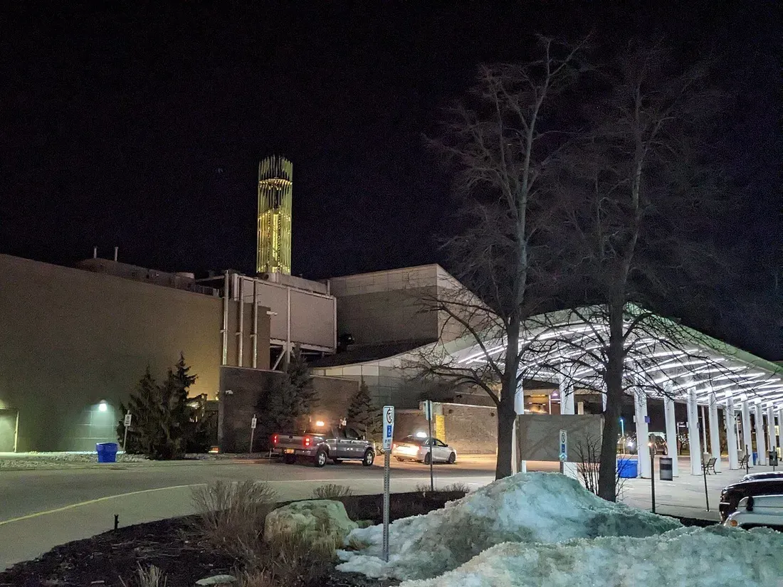 Elements Casino Brantford tower lit on a winter night