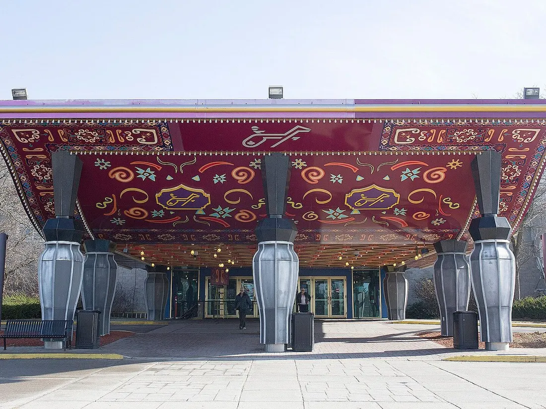Ornate red entrance canopy at Flamboro Downs